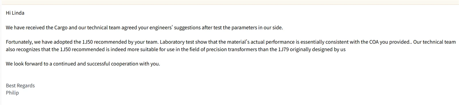 Customer Feedback for the Soft Magnetic Alloy Supplied from HSMetal Customer Feedback for the Soft Magnetic Alloy Supplied from HSMetal